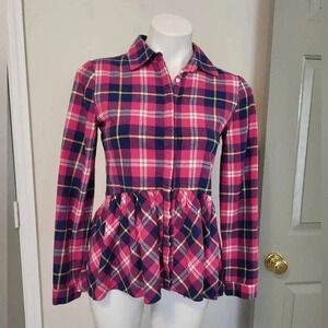SUNDANCE Hayden Creek High Low Peplum Hem Plaid Cotton Button Down Flannel(XS)